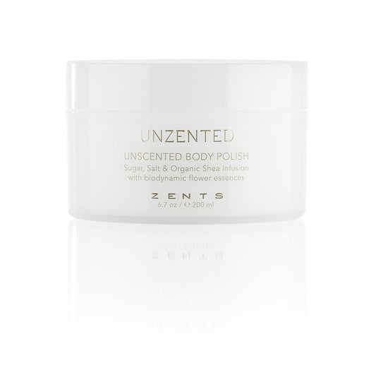 ZENTS Body Polish, Exfoliating Salt & Sugar Body Scrub with Organic Shea Butter, Unzented Fragrance Free for Sensitive Skin, 6.7 oz