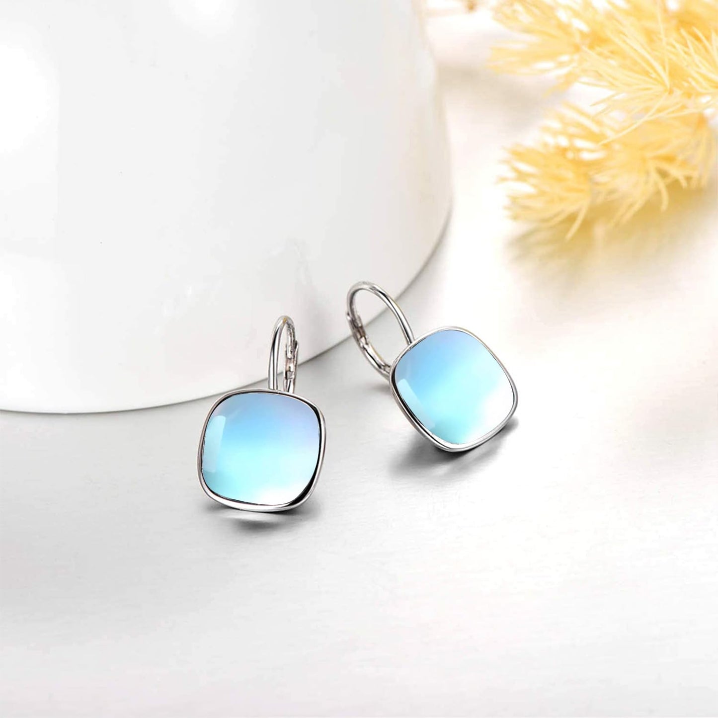 AOBOCO Sterling Silver Leverback Earrings Embellished with Crystals from Austria, Hypoallergenic Cushion Cut Square Crystal Earrings, Fine Anniversary Birthday Jewelry Gifts for Women (Moonstone Color)