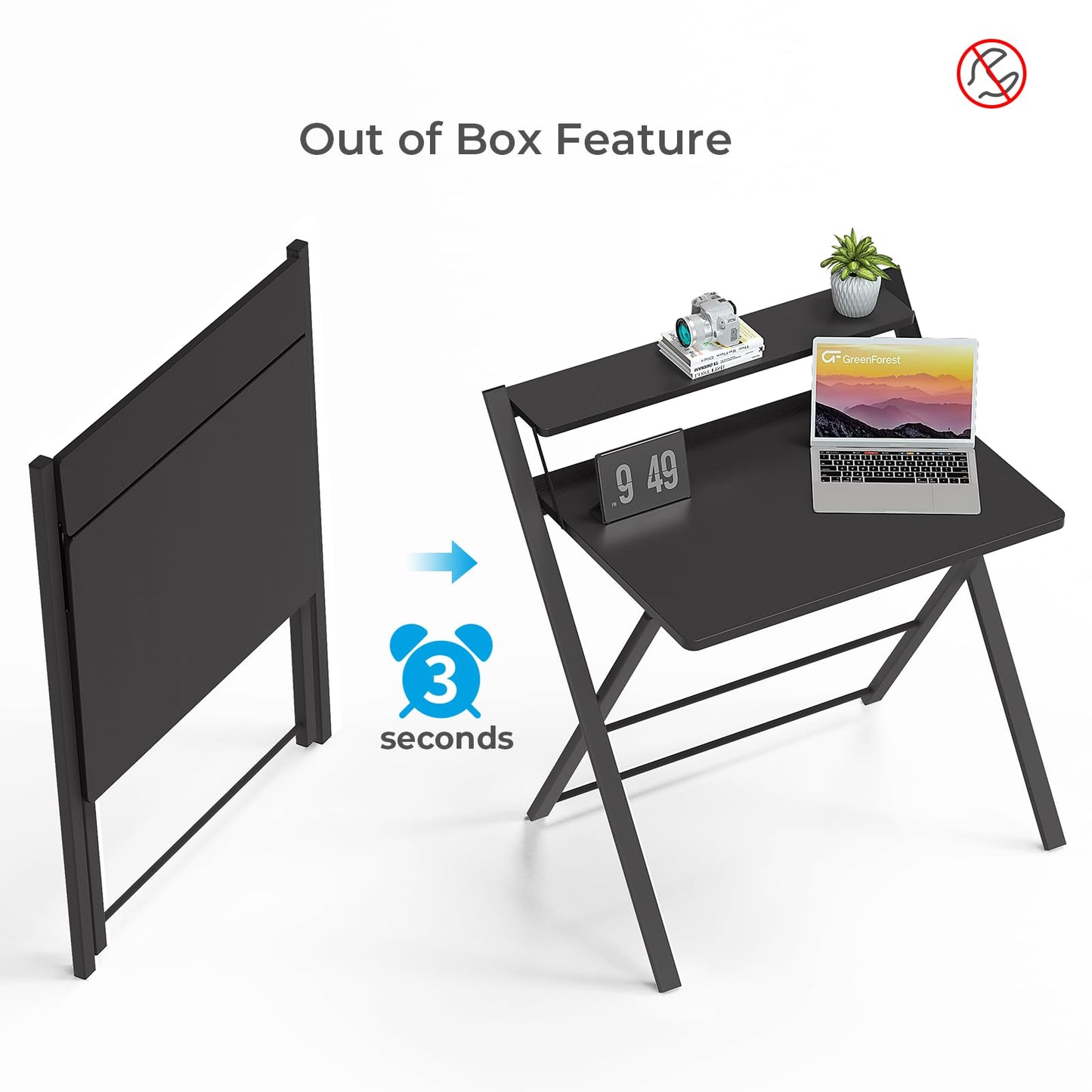 GreenForest Folding Desk No Assembly Required Small Size, 2-Tier Foldable Computer Desk with Shelf for Home Office, Space Saving Portable Laptop Study Foldable Table for Small Spaces, Black