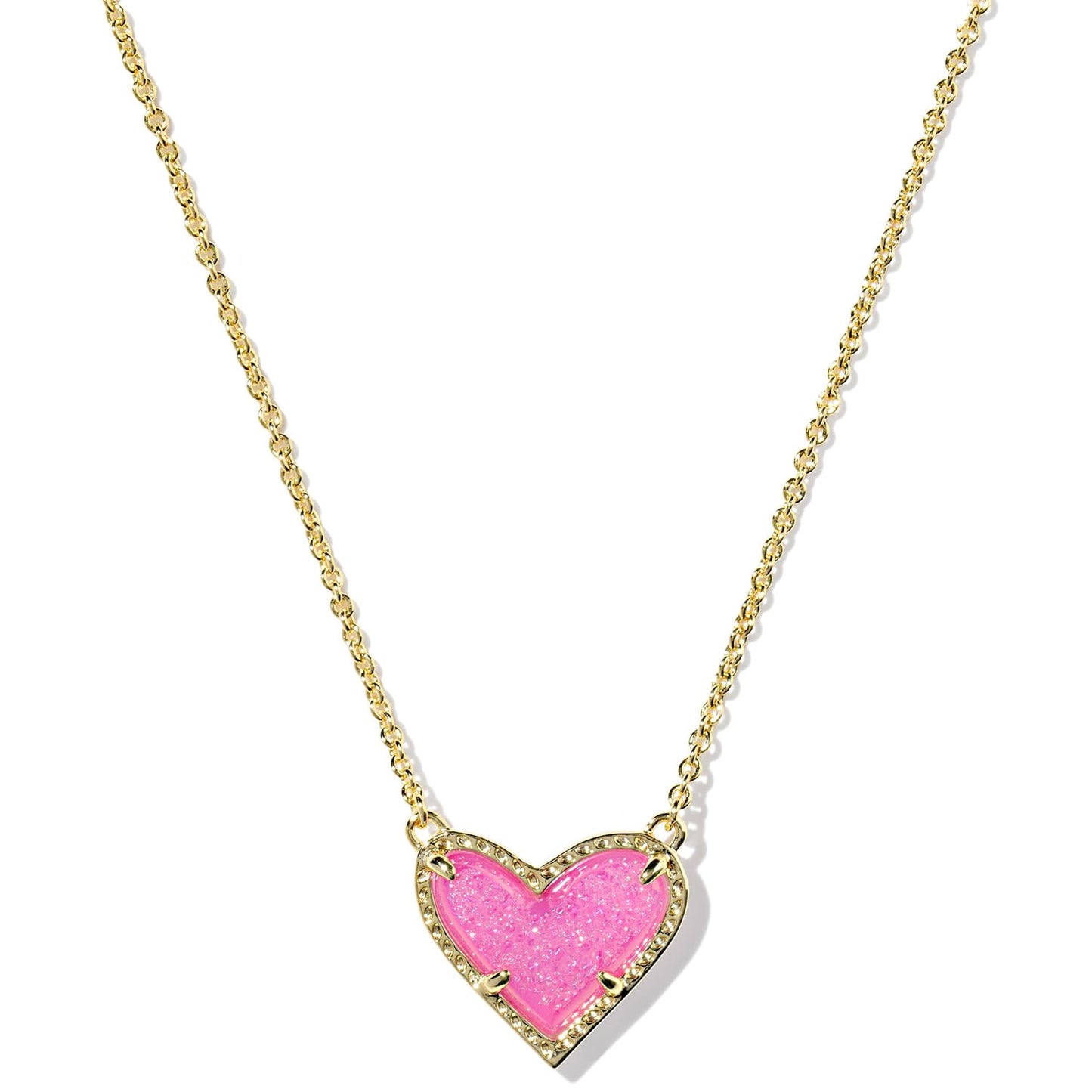 Kendra Scott Ari Heart Pendant Necklace, 14k Gold-Plated Brass, Fashion Jewelry for Women, Hot Pink Drusy
