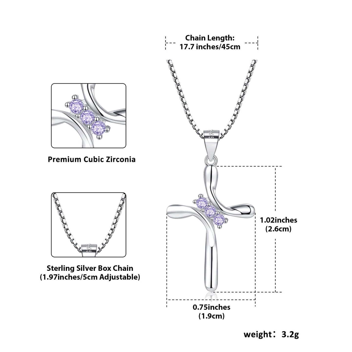 EVERU S925 Sterling Silver Cross Necklace for Women Birthstone Necklace with Cubic Zirconia 18K Gold Plated Cross Pendant Jewelry Ideal Gift Light Purple Alexandrite June