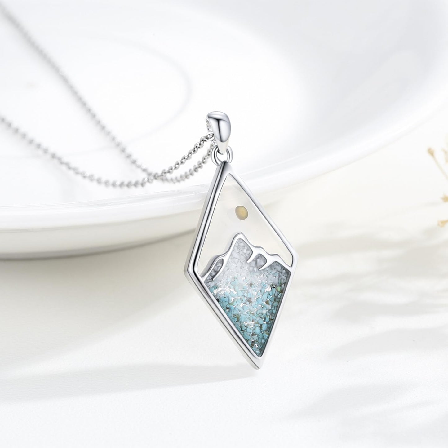Suiknsn Mountain Necklace 925 Sterling Silver Mustard Seed Faith Necklace Turquoise Mountain Pendant Necklace Outdoor Hiking Jewelry Graduation Gifts for Women Daughter