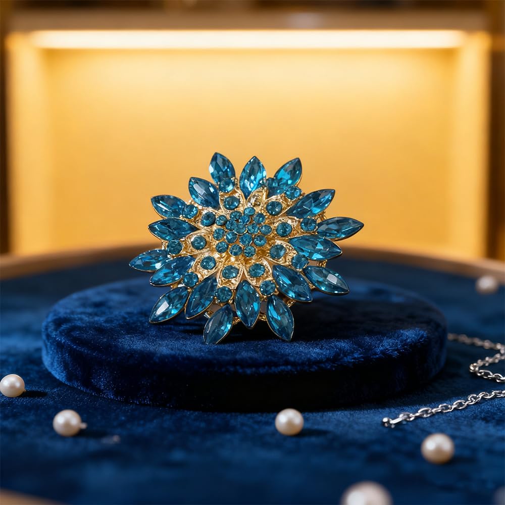 Rhinestone Large Flower Brooches Pins for Women Fashion Sparkly Crystal Sunflower Statement Brooch Unique Wedding Party Suit Dress Jewelry Accessories (Blue3)