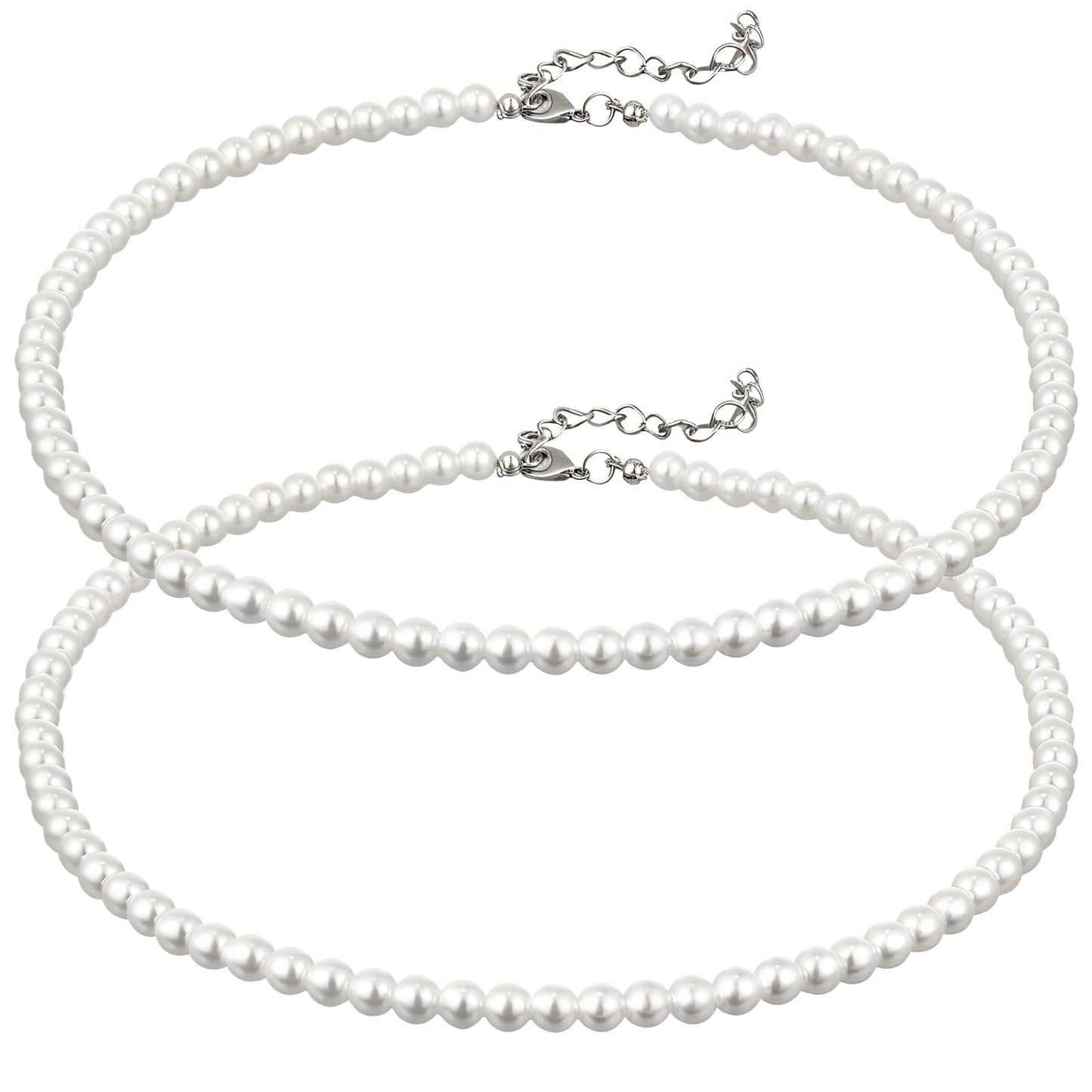 Aurelema 2 Pack Long Pearl Necklace for Women 1920s Costume Party Jewelry Faux Pearls Strand Beads for Ladies(14 Inches,6 mm,Collar,Cream White)