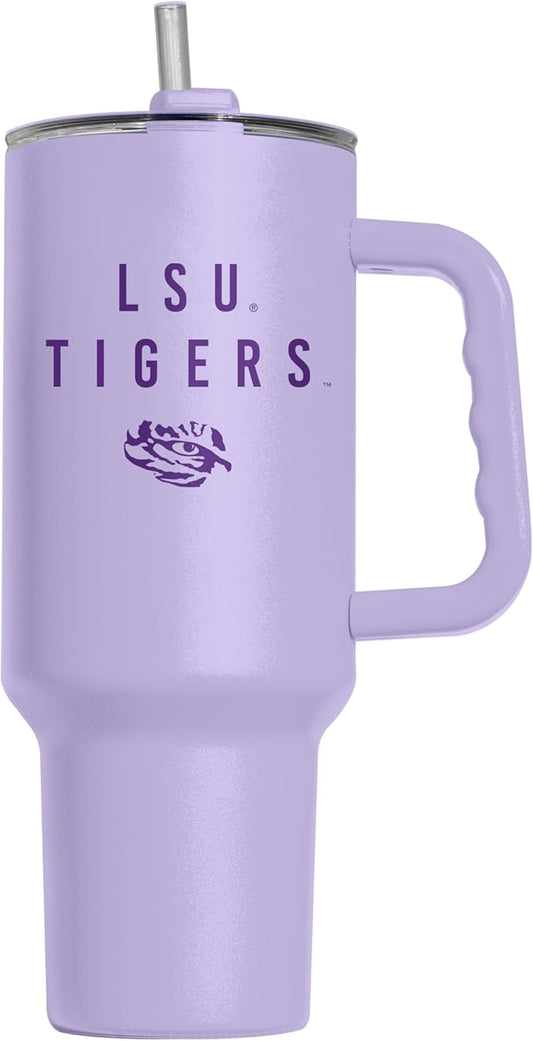 Logo Brands NCAA LSU Tigers Lavender 40 oz Tumbler with Handle - Stylish Everyday Use Powder Coated-Stainless Steel with Straw- Keeps Cold For Hours