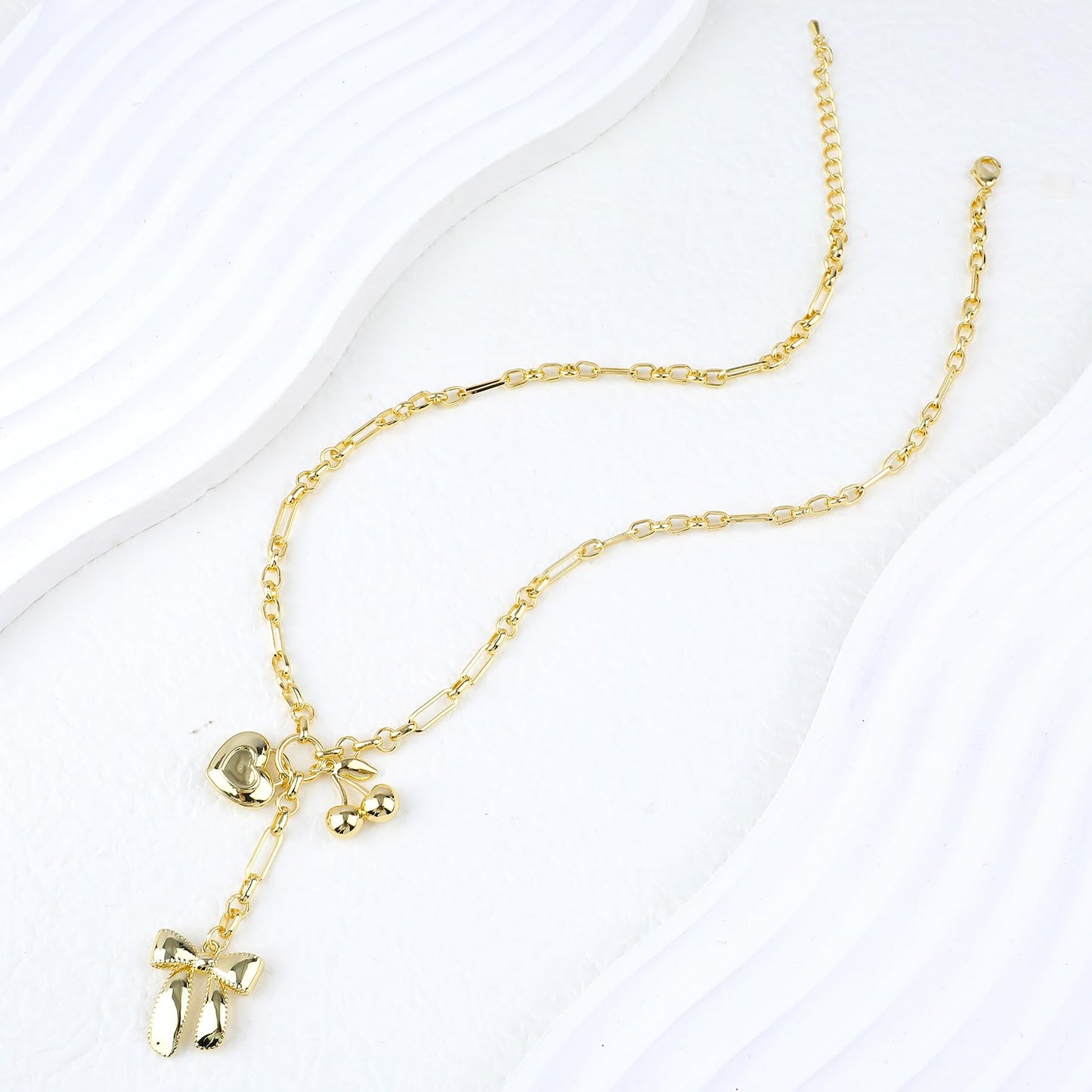 NEKOL Gold Cherry Love Heart Bow Charm Necklace for Women, Fun Gold Heart Key Bow Pendant Necklace with Long Chain Paper Clip Chain Cute Cherry Romantic Bowknot Ribbon Y Choker Jewelry Gift