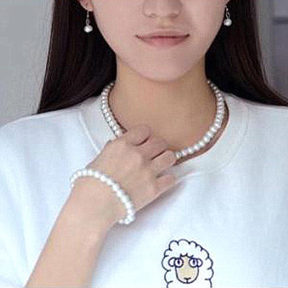 tenghong2021 Fashion Classic Faux Pearl Jewelry Set Necklace Bracelet Earrings for Women Best Gift (White)