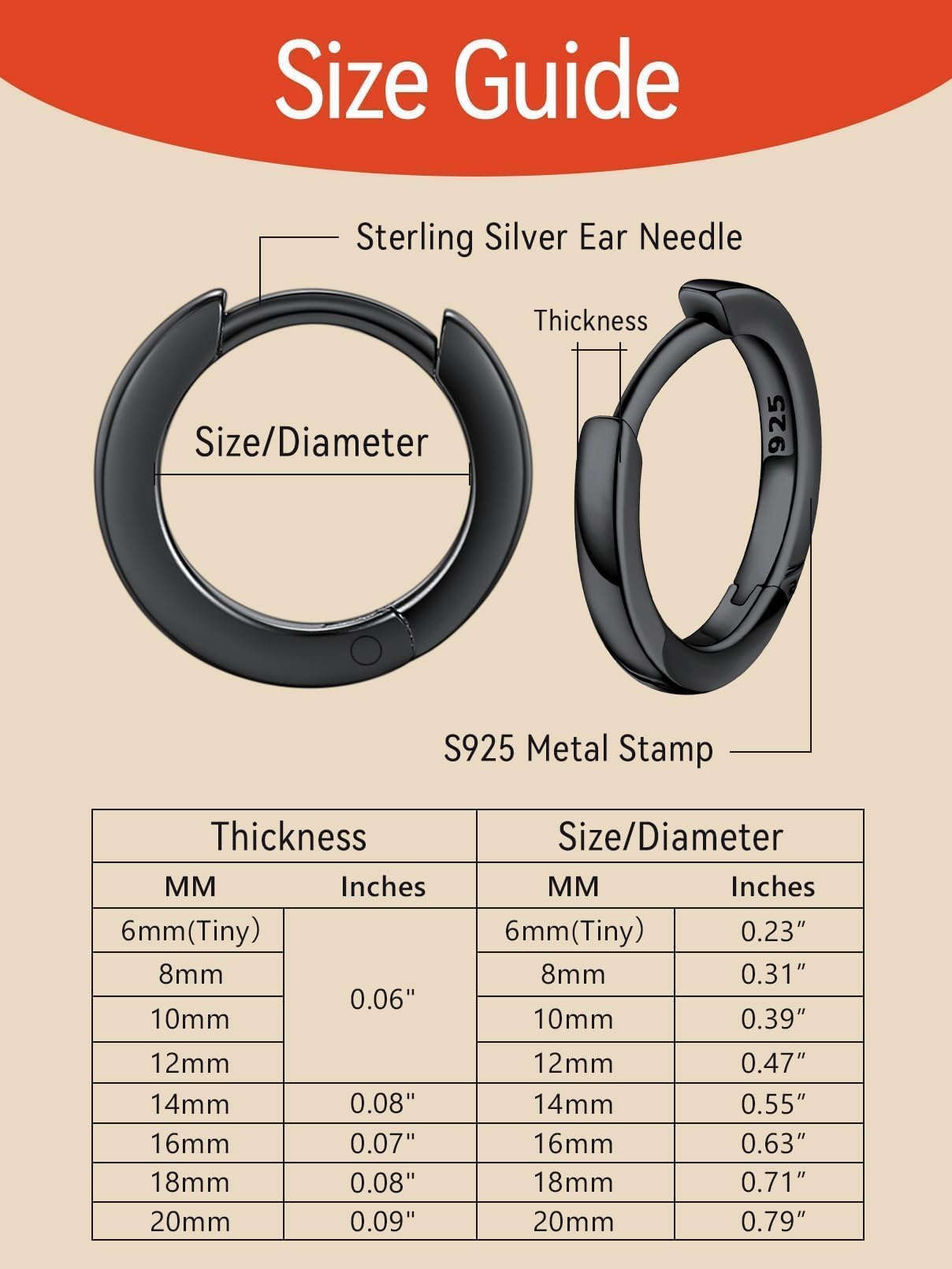 FaithHeart 925 Sterling Silver Huggie Hoop Earrings, Small Silver Hoop Earring for Women, Black Hypoallergenic Cartilage Earrings for Women 8mm