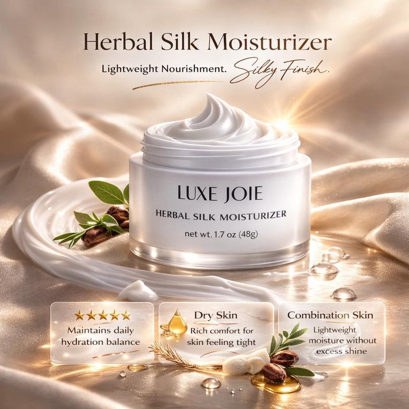 LuxeJoie Herbal Silk Moisturizer Face Cream, 1.7 oz, Lightweight Hydrating Facial Moisturizer Cream for Sensitive Skin, Non-Greasy, Silky Finish, Jojoba & Cocoa Butter, Day & Night