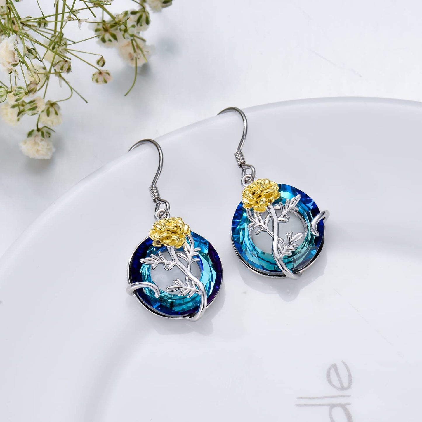 TOUPOP October Birth Flower Earrings Marigold Drop Dangle Earrings Blue Crystal Jewelry Birthday Mothers Day Gifts for Women Mom Her