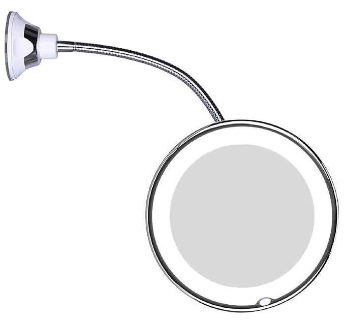 JiBen Flexible Gooseneck LED Lighted 10X Magnifying Makeup Mirror with Power Locking Suction Cup and 360 Degree Swivel, Portable Cordless Travel and Home Bathroom Vanity Mirror