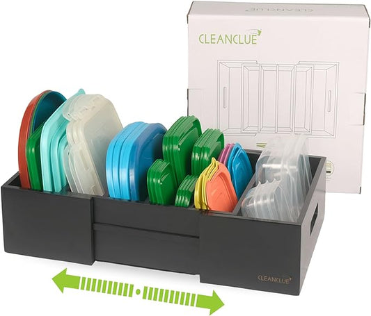 CLEANCLUE Expandable Kitchen Cabinet Organizer for Food Storage Container Lids, Bamboo Drawer Caddy Adjustable Dividers, Box for Kitchen Storage and Organization, Lids Organizer for Cabinet (Black)