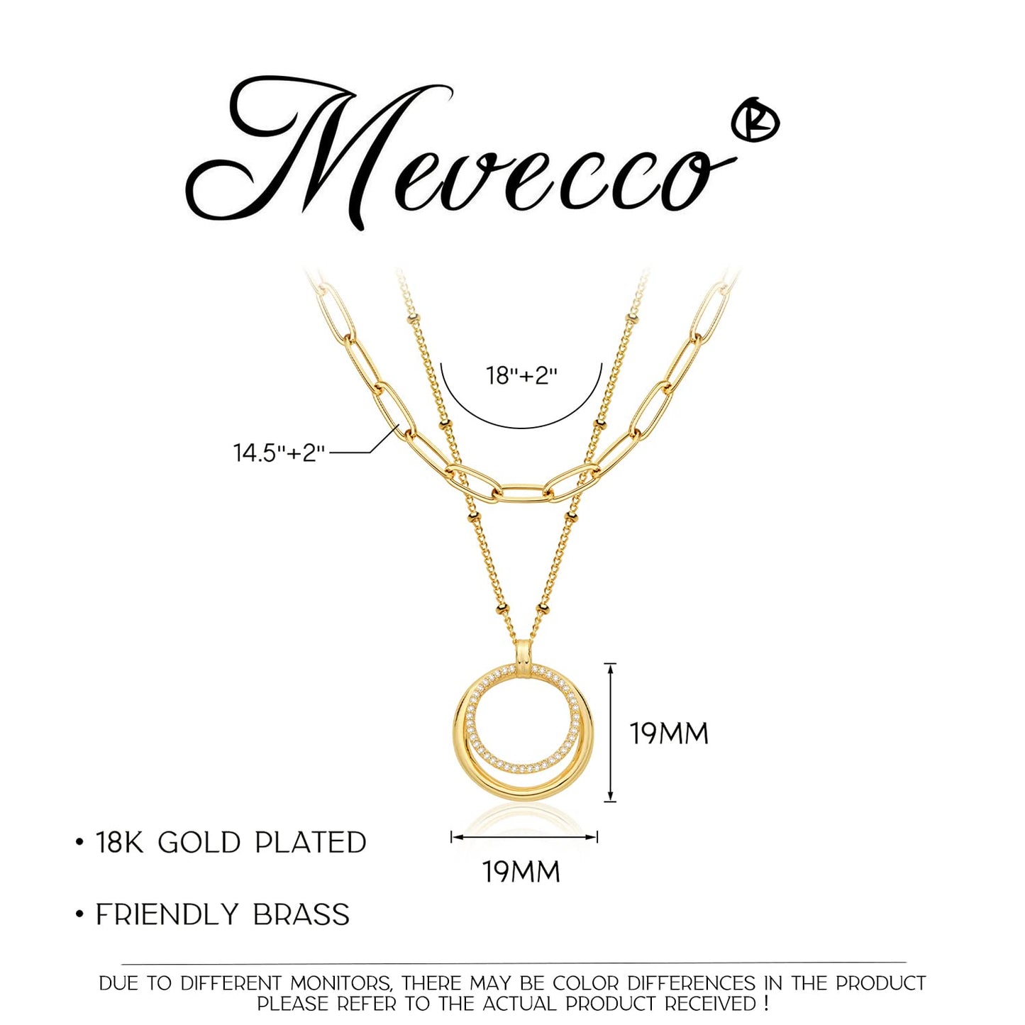MEVECCO Gold Layered Choker Necklace for Women, 18K Gold Plated Dainty CZ Double Circle Pendant Minimalist Paperclip Double Layer Necklace for Jewelry