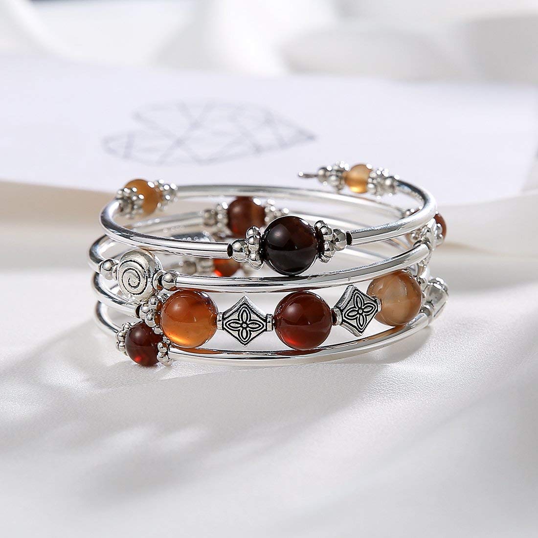 Beaded Pearl Bangle Wrap Bracelet - Fashion Bohemian Jewelry Multilayer Charm Bracelet with Thick Silver Metal Beads, Gift For Women(Brown)