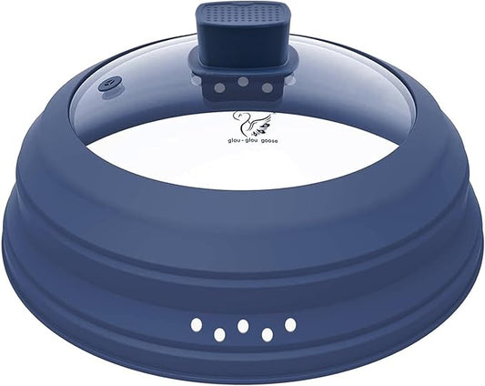 Tall Microwave Splatter Cover Glass Cover Guard Lid 6 inch Height with Collapsible Silicone for Food Pot Plate 12.5 inch Dark Blue