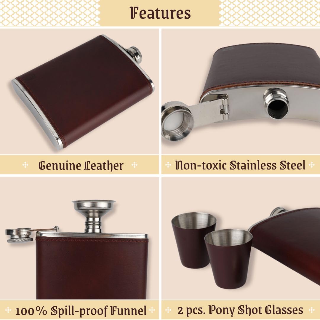 Men's Leather Flask (Brown) with 2 Cups and Funnel - 100% Leak Proof with Stainless Steel and Premium Leather, Gift Set for Father, Grandfather, Boyfriend, and Groomsmen