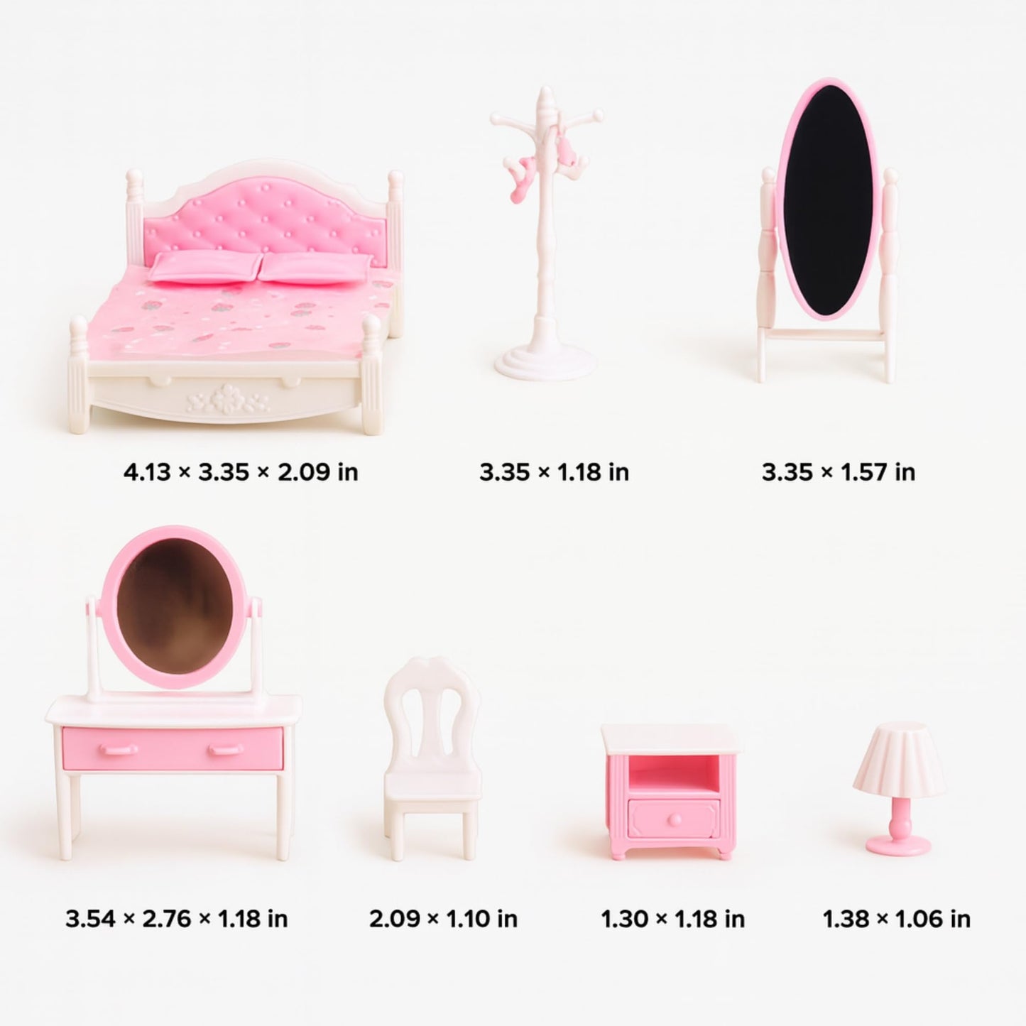 OLEOCA Family Dollhouse Bedroom Set — Bed, Pillows & Bedspread, Vanity with Mirror, Nightstand, Floor Mirror, Chair, Lamp, Coat Rack & Hangers — Dollhouse Furniture & Accessories for Ages 3+