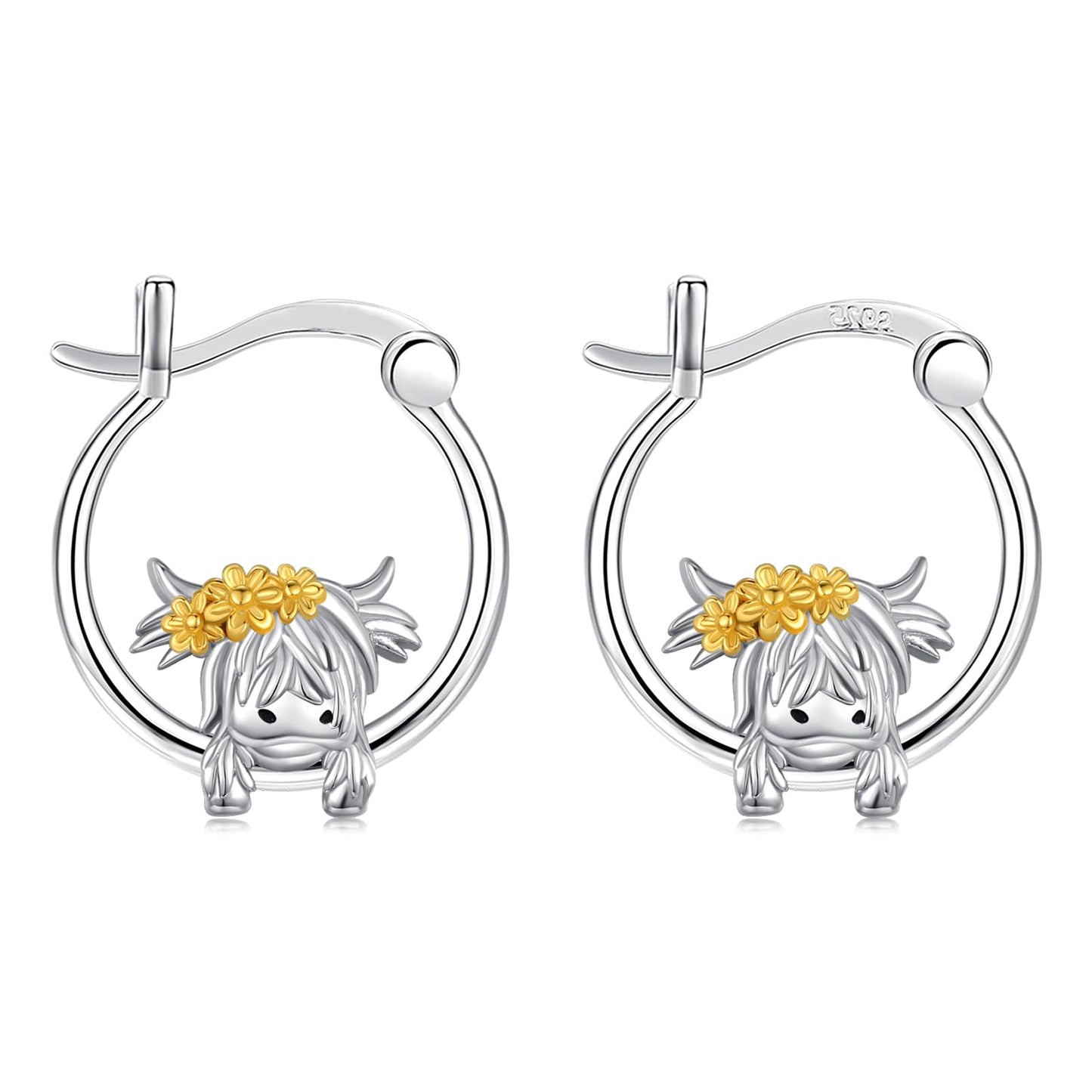 JUSTKIDSTOY Highland Cow Earrings 925 Sterling Silver 18mm Cute Cow Sunflower Huggie Hoop Earrings Jewelry Highland Cow Gifts for Women Daughter