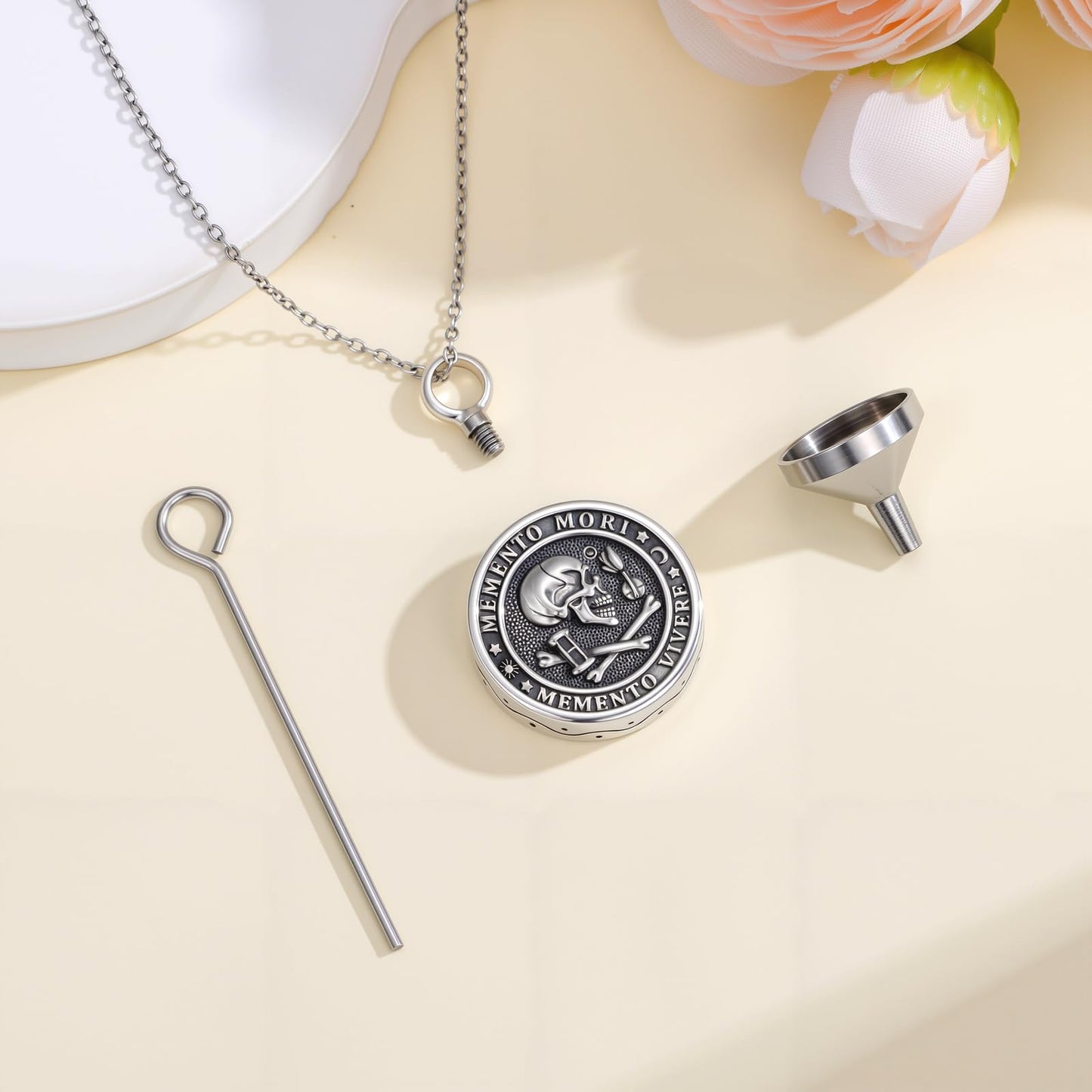 POIUY Memento Mori Silver Urn Necklace for Ashes Gothic Skull Cremation Pendant Tree of Life Memorial Keepsake Jewelry Stoicism Mori Gift for Men Women 22+2 Inch Chain