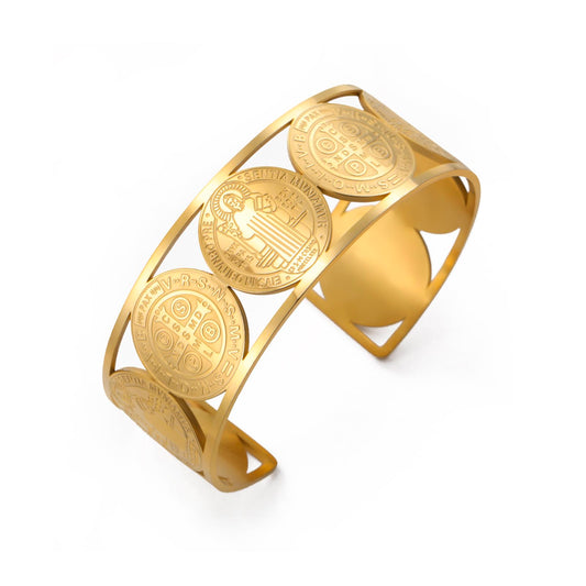 Amaxer Adjustable St. Benedict Open Cuff Bangle Bracelet for Women Men Stainless Steel Religious Jewelry 0.88in Wide (gold)