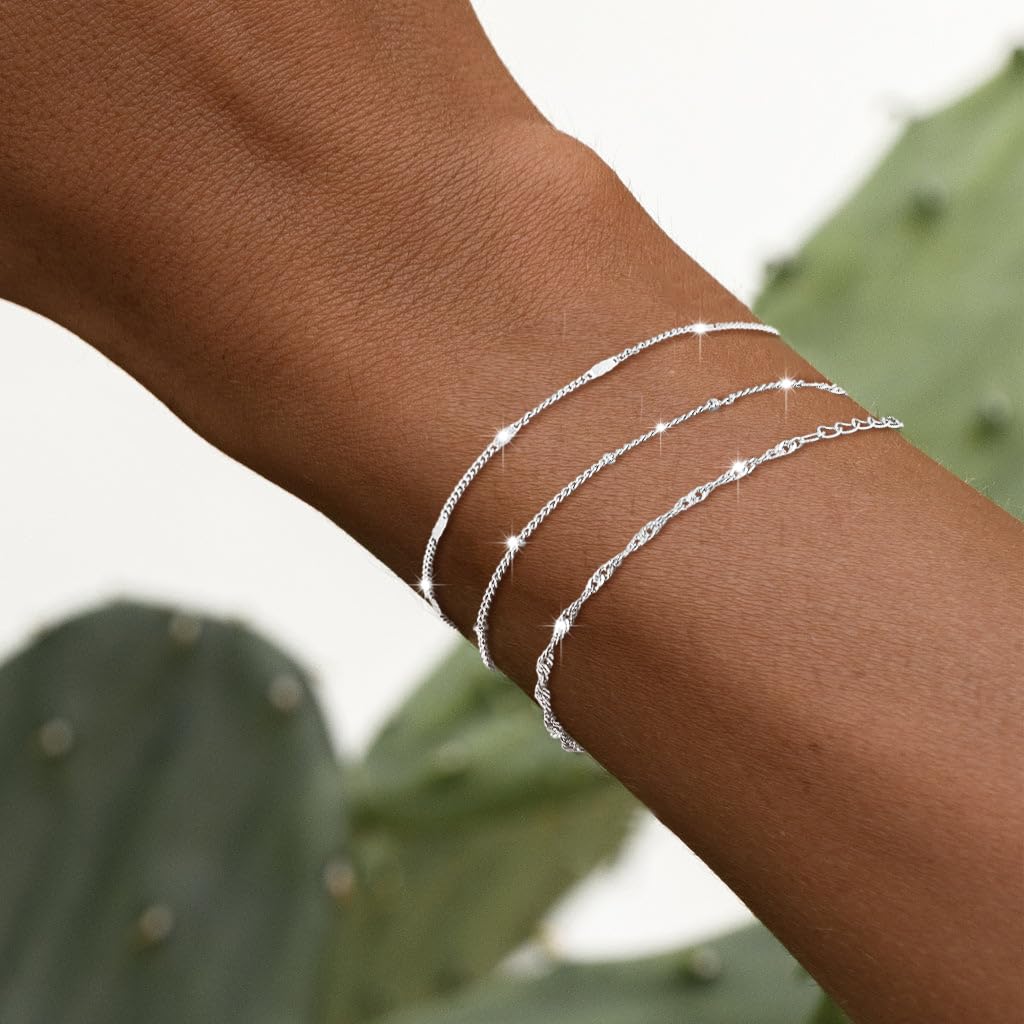 DEARMAY Dainty Silver Plated Bracelets for Women Trendy, Silver Jewelry Set Paperclip Box Herringbone Figaro Rope Chain Bracelet for Women Fashion Pack Gifts