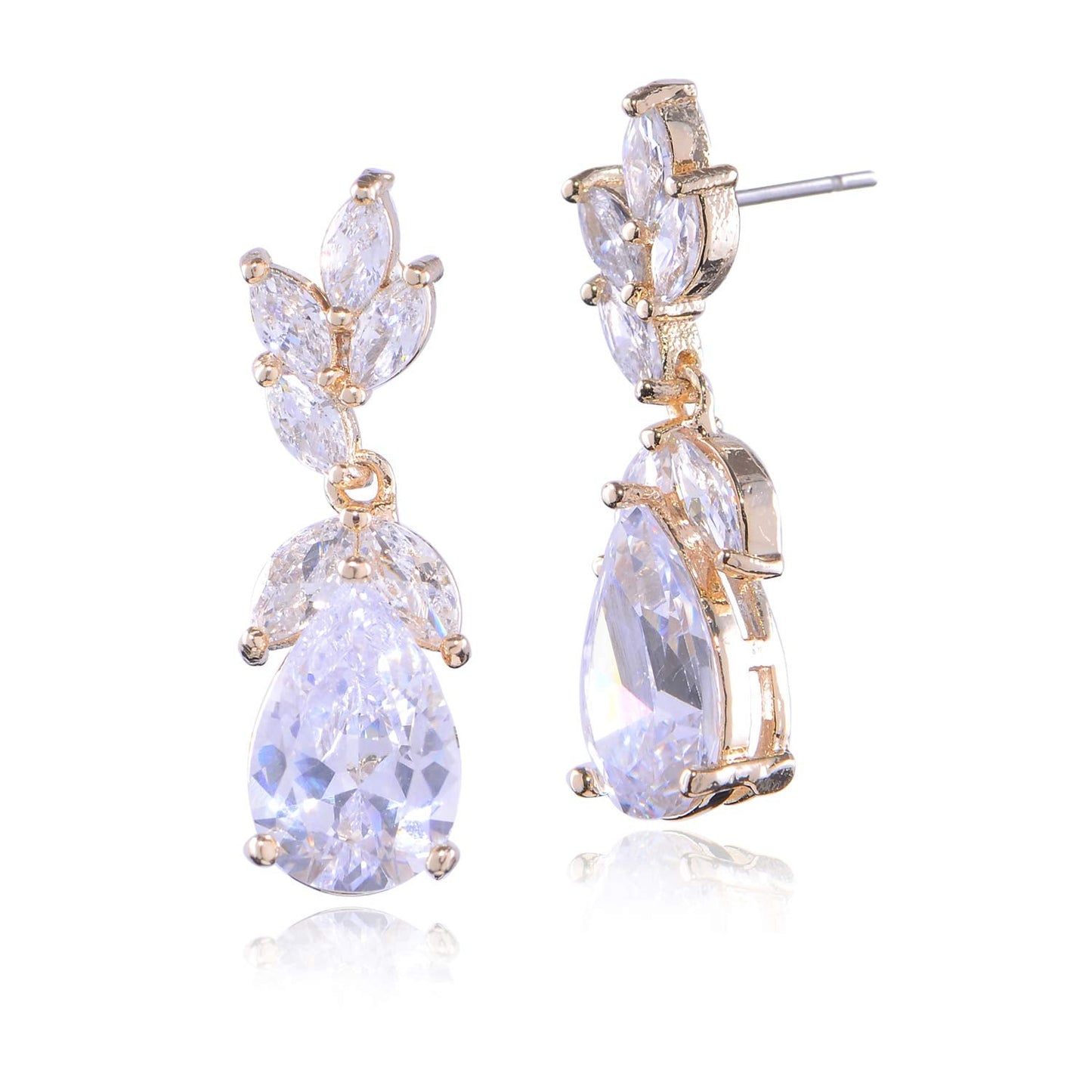 Cubic Zirconia Bridal Earring Gold Women’s Teardrop CZ Cluster Floral Leaf Crystal Rhinestone Dangle Drop Earring for Bride Bridesmaids Mother of Bride Party Prom