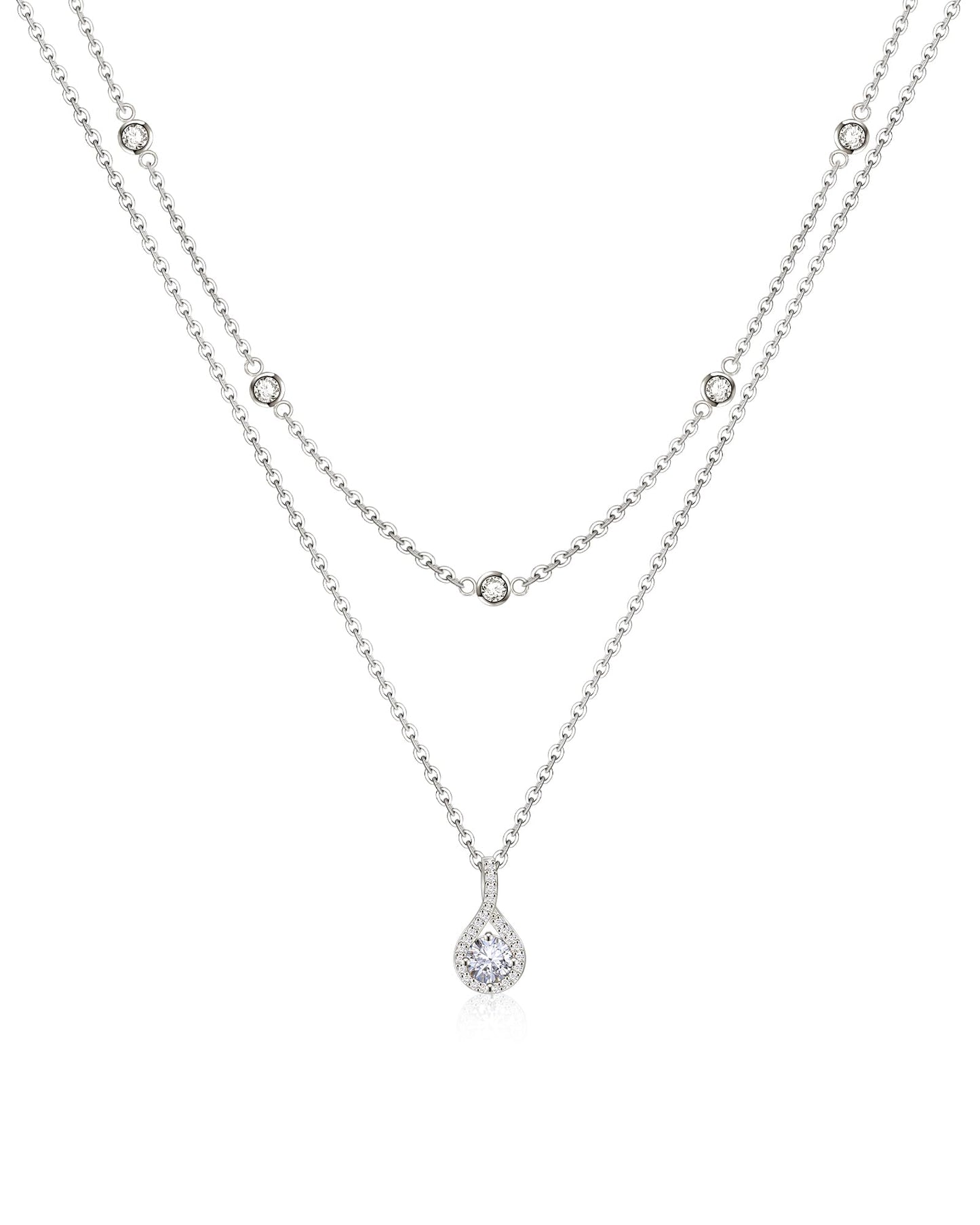 ACECHA Diamond Necklaces for Women-Dainty 18K Gold Silver Plated Choker CZ Layered Pendant with Pearl Diamond Zircon Cross Trendy Minimalist Necklace Jewelry Gifts For Women (silver-layered teardrop)