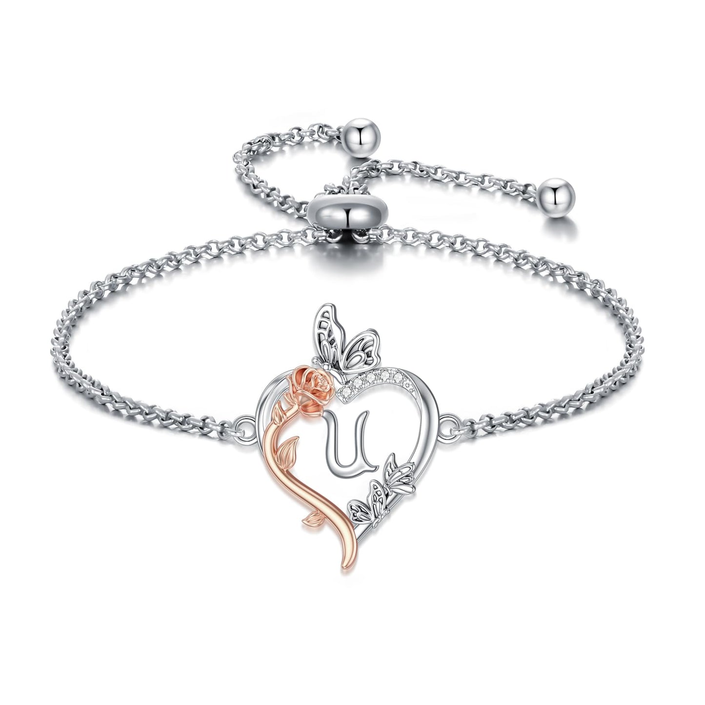 TOUPOP Rose Heart Bracelet for Women Sterling Silver Heart Initial U Letter Bracelet Butterfly Love Jewelry Anniversary Birthday Mothers Day Gifts for Mom Wife Her Girlfriend