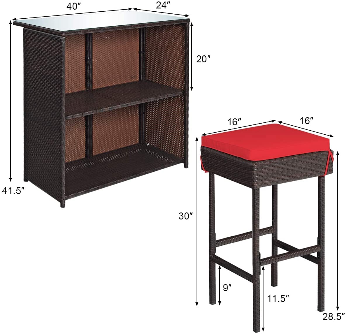 Giantex ReunionG Outdoor Patio Bar Set, 2 Cushions Stools & Glass Top Table, Bar Rattan Set 3-Piece Wicker Bar Stools & Table with 2 Storage Shelves for Lawn Pool Backyard Garden Porches (Red)