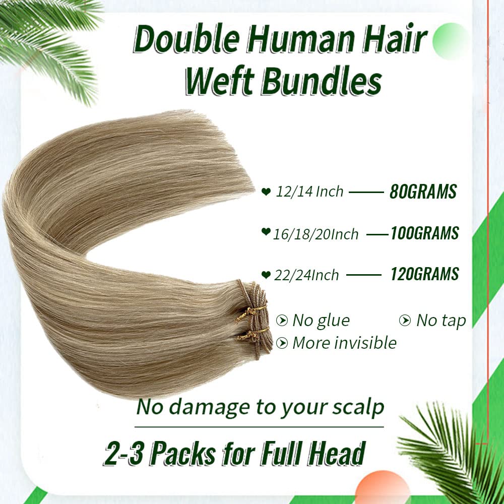 Sew In Real Human Hair Blonde Highlights Weft Extensions - Remy Hair Ash Brown Mix Platinum Blonde Hand Tied Weft - 14inch 80g