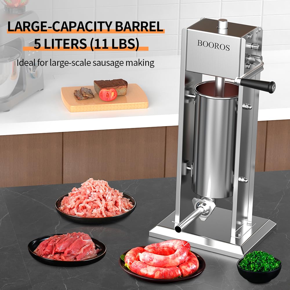 BOOROS Manual Sausage Stuffer 5L/11Lbs Vertical Meat Stuffer 304 Stainless Steel Sausage Maker,Dual Speed, Hand Crank Operation,Easy-clean,Comes Equipped with 4 Stuffing Tubes for Kitchen Restaurant