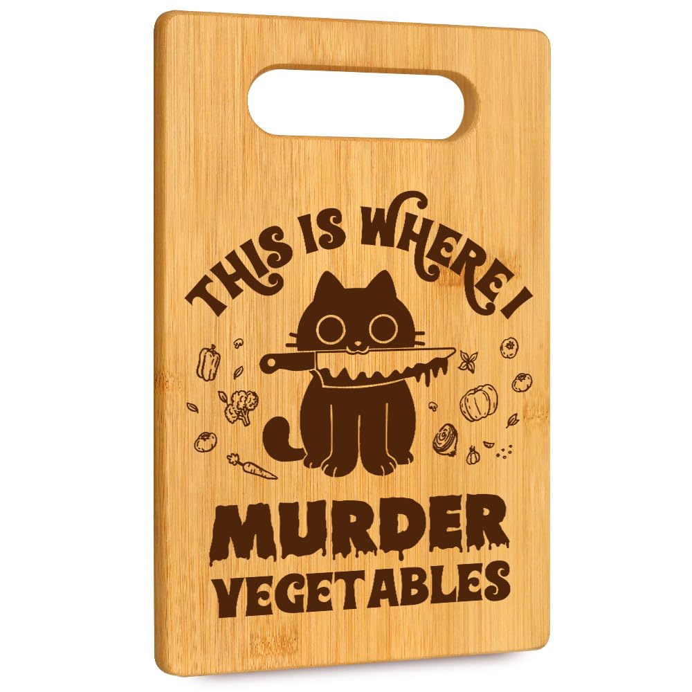 Funny Black Cat Kitchen Gifts for Women Cat Mom Kitten Lover Dietitian Friends, Birthday Housewarming Party Decor Food Serving Tray Board - This is Where I Murder Vegetable Bamboo Cutting Board