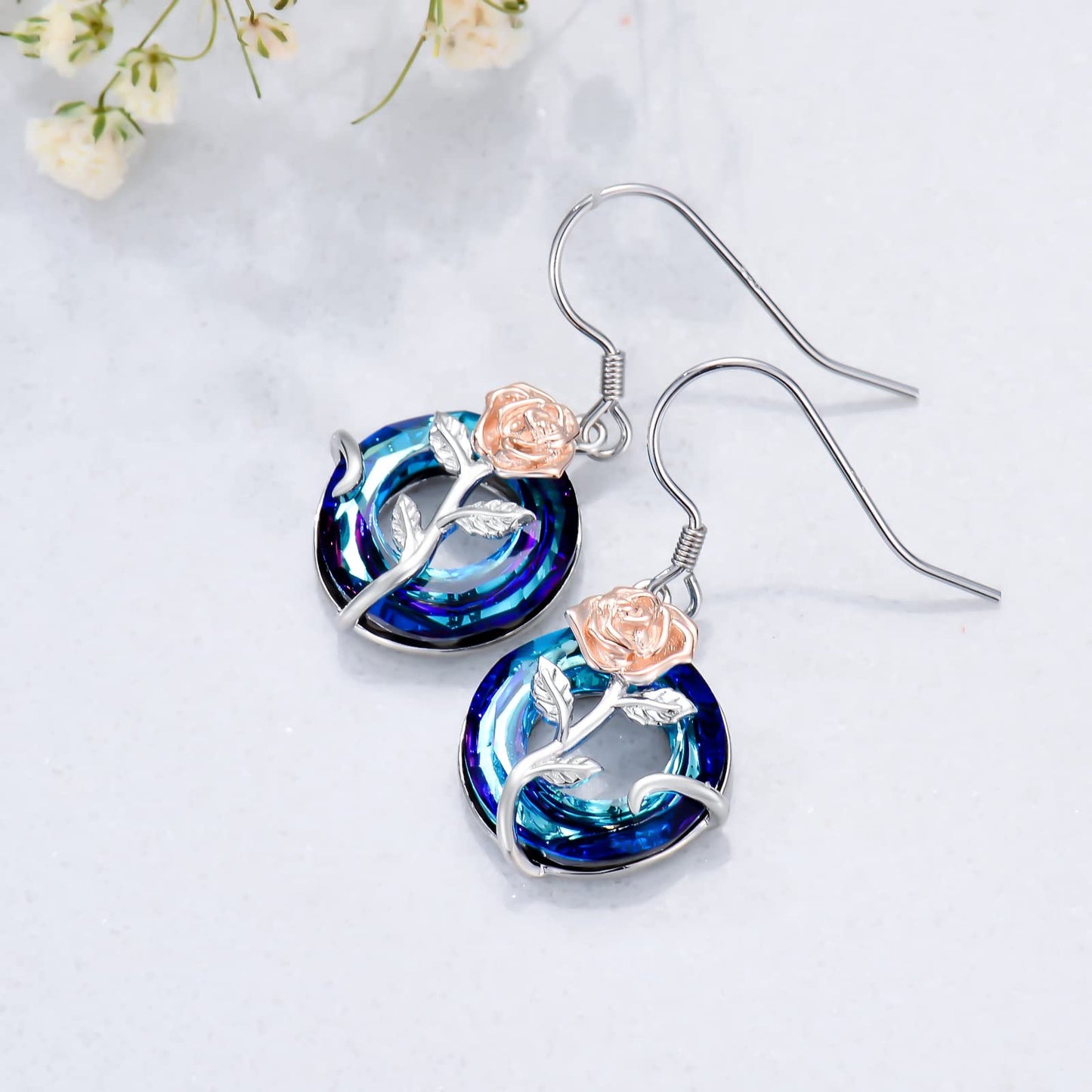 TOUPOP June Birth Flower Earrings Rose Flower Drop Dangle Earrings Blue Crystal Jewelry Birthday Mothers Day Gifts for Women Mom Her