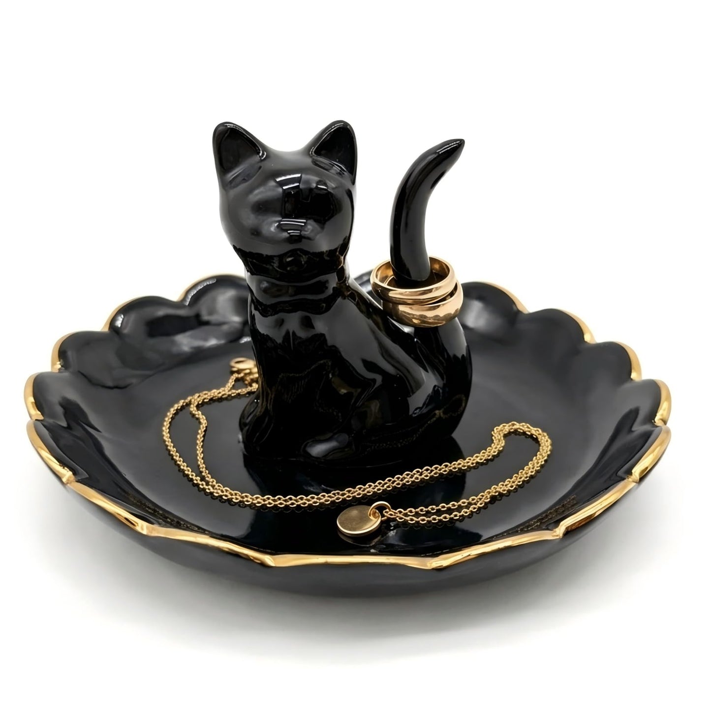 ROSA&ROSE Cat Ring Holder Trinket Tray Ceramic Jewelry Dish Porcelain Ring Organizer,Gift for Women,Girlfriend,Wife,Birthday or Anniversary(Black bow)