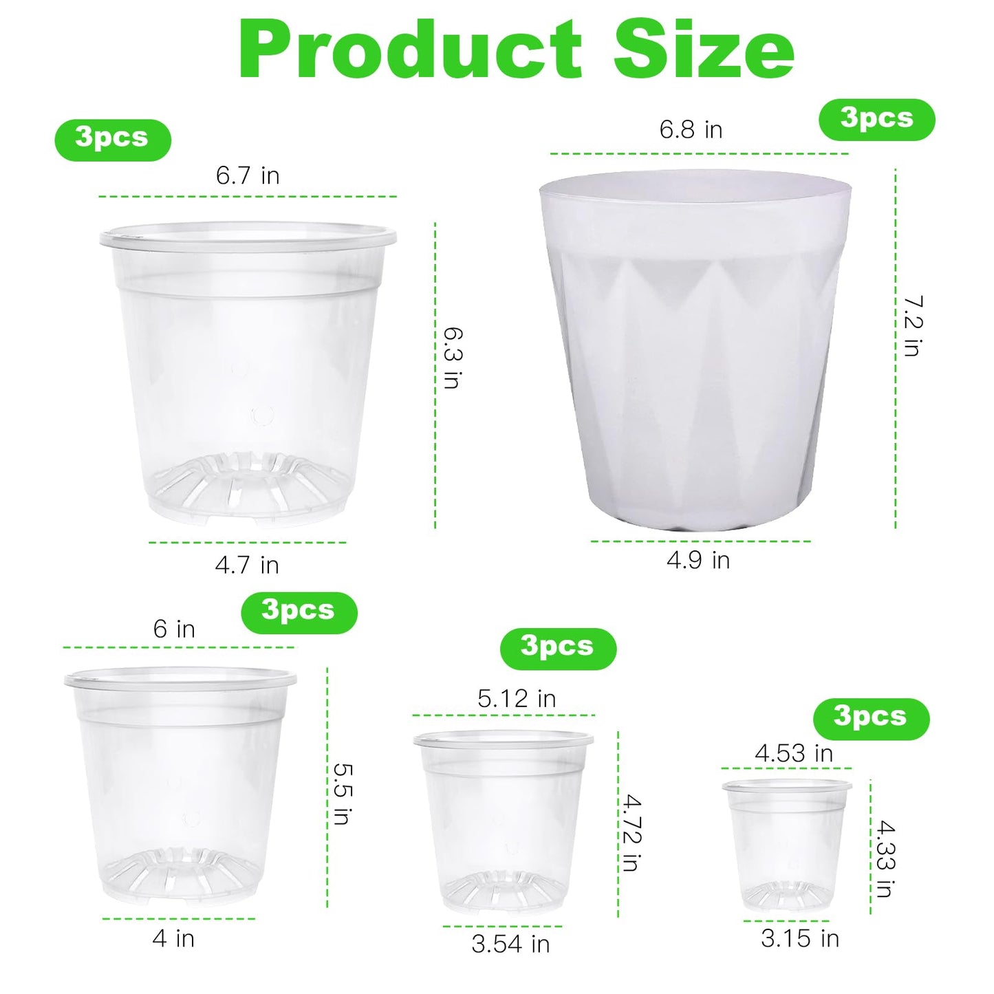 15 Packs Clear Nursery Pots with Drainage for Plants,6.8/6.7/6/5/4.5 Inch High Transparency Plastic Plant Pot Seedling Planter with 3 Decor Planters and Gardening Tools,Reinforced and High Hardness