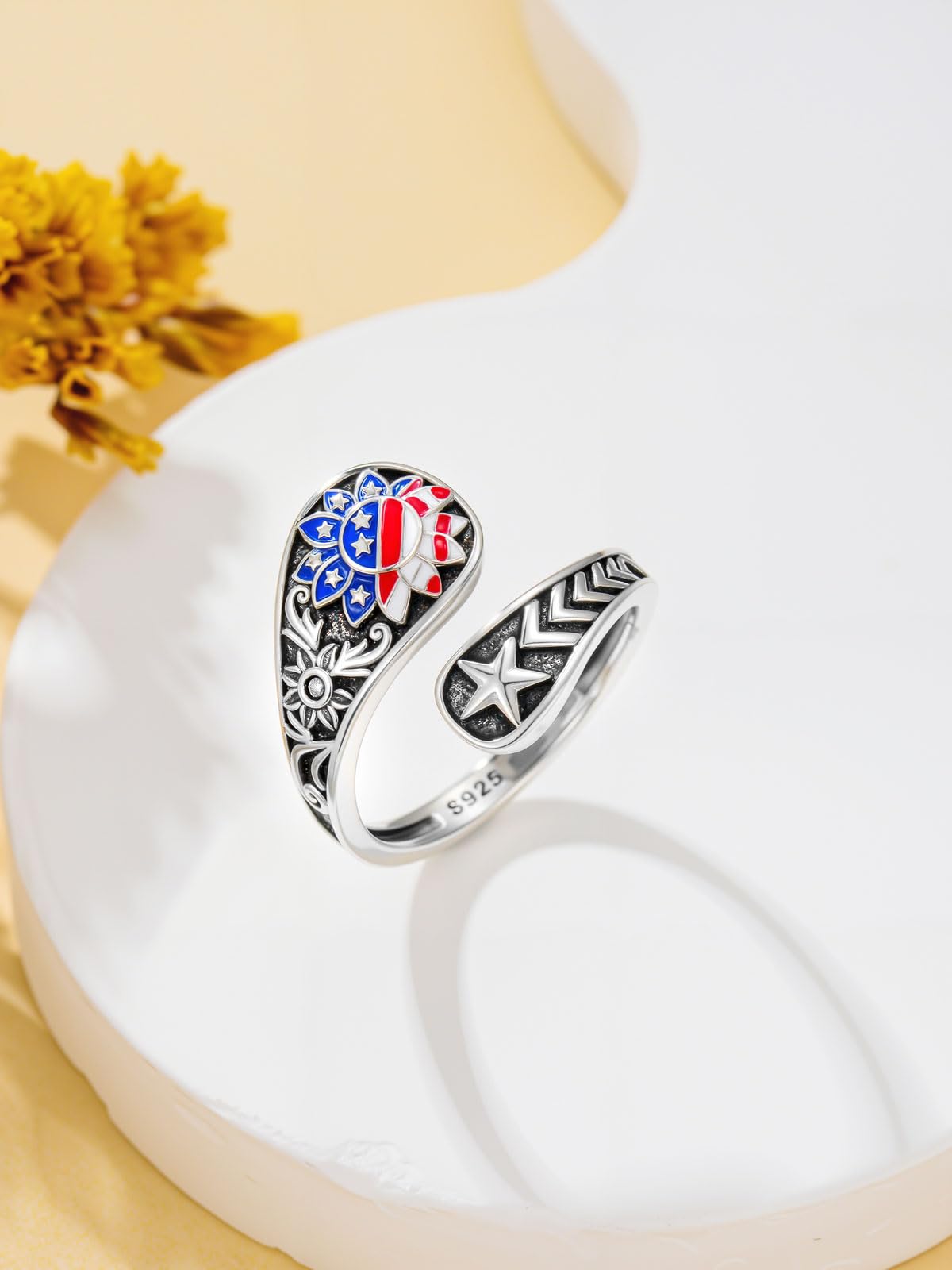 Midari American Flag Sunflower Spoon Rings for Women 925 Sterling Silver Adjustable Patriotic Rings Open Spoon Thumb Rings Red White and Blue Jewelry for Women Men Birthday Independence Day Gifts