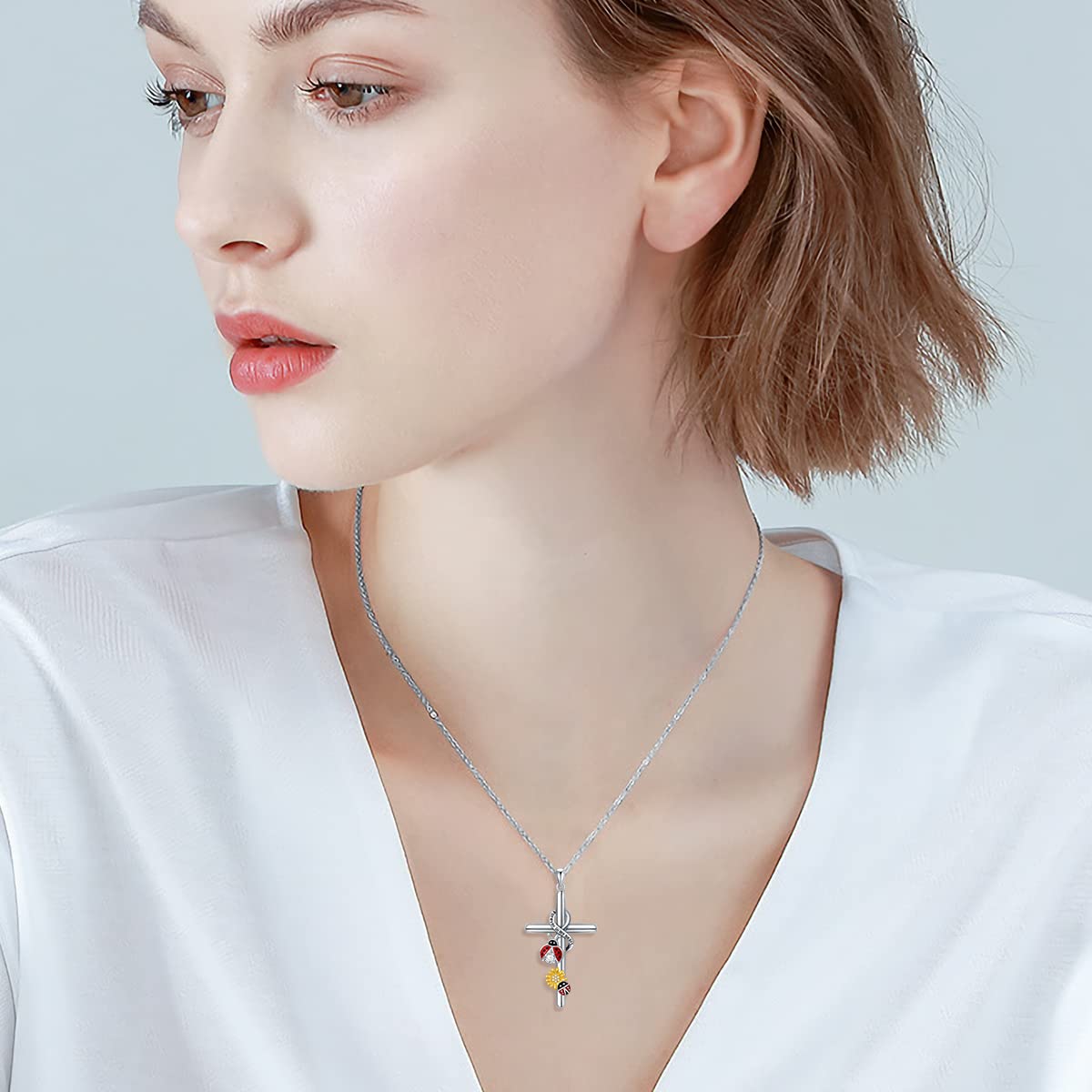 Flpruy Ladybug Necklace for Women 925 Sterling Silver Ladybug Cross Pendant Jewelry Gifts for Mother Grandma