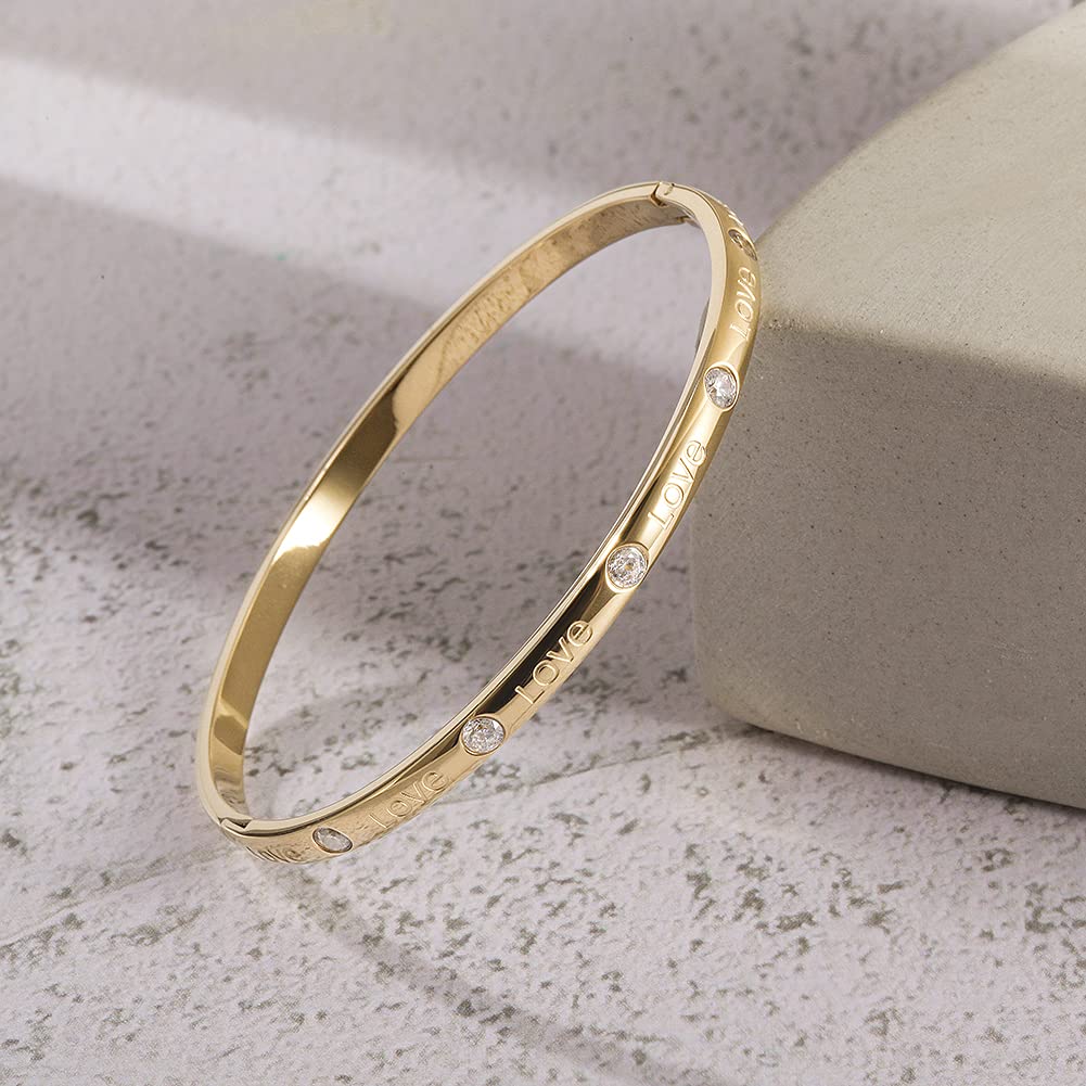 WISTIC Gold Love Thin Bangle Bracelet for Women Stainless Steel Metal Gold Plated Cuff Bangle Jewelry for Men and Adults Fashion Gift