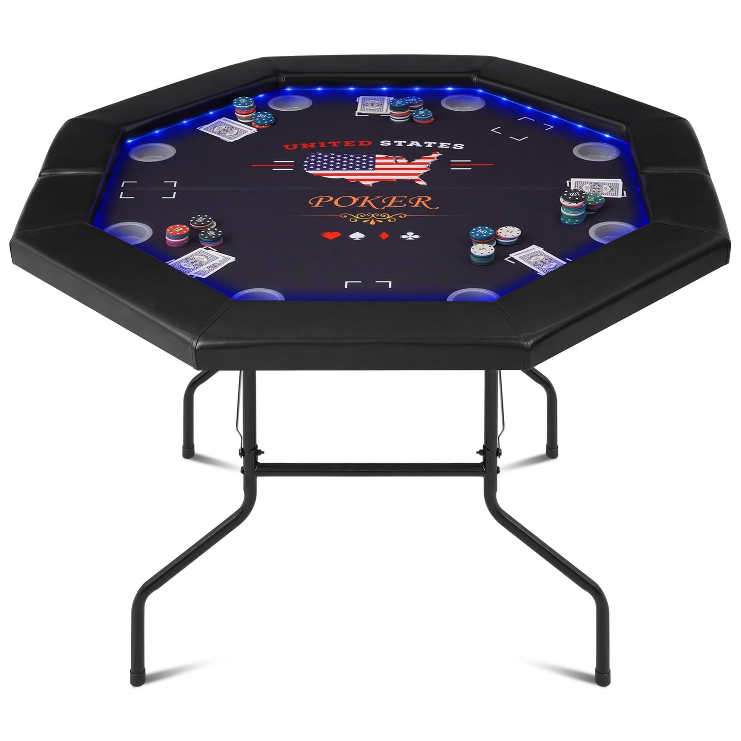 REAHOISY 48" LED Poker Table, 8 Players Foldable Octagonal Casino Table for Home Game Room, Folding Texas Holdem Board Game Table with LED Light & Padded Armrest & Cup Holders