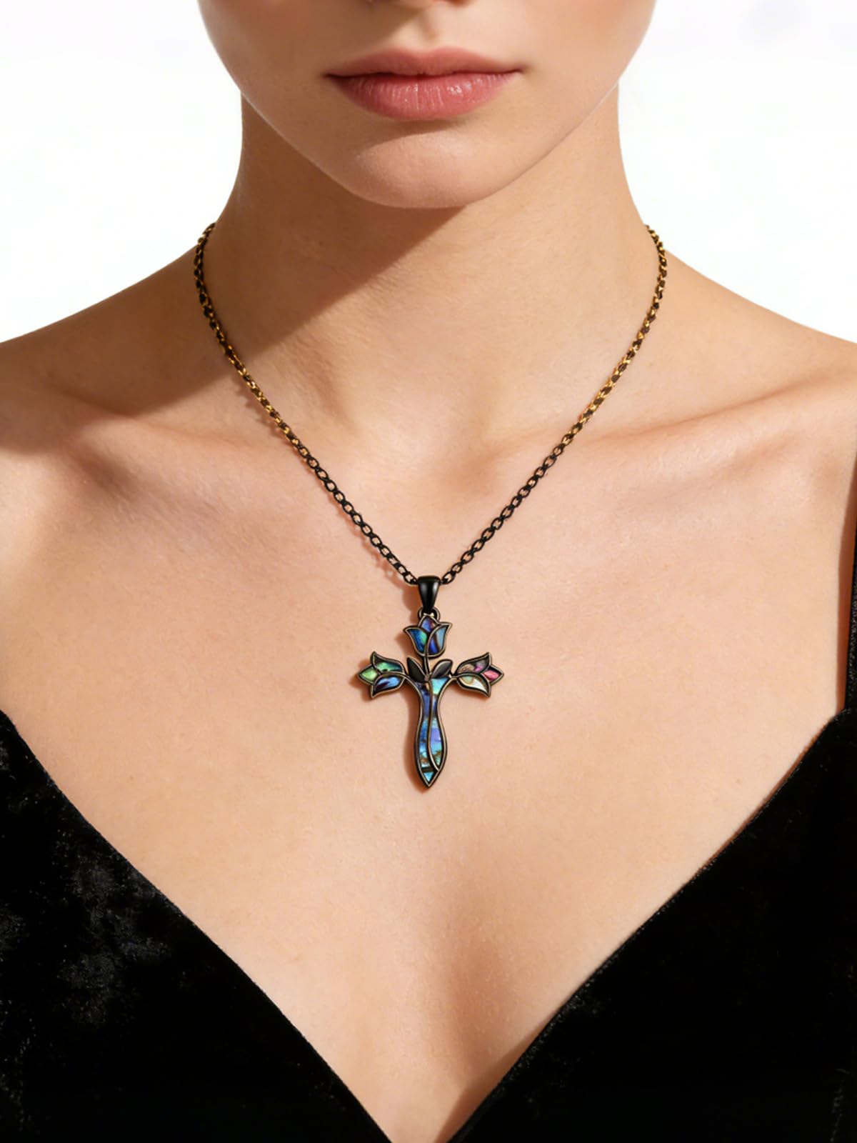 Dreamboat Black Cross Necklace for Women Sterling Silver Cross Pendant Tulip Rose Abalone Shell Christian Necklace Faith Confirmation Gifts Religious Jewelry for Mom