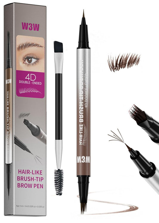 DUDUDU Eyebrow Pen for Women - Dual-Ended Microblading Pen with Multi-Prong Tip & Brow Brush, Waterproof, Creates Realistic 4D Hair-Like Strokes, Long-Lasting Dark Brown
