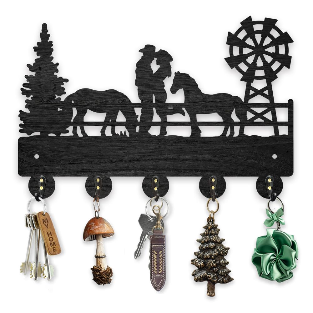 MAYJOYDIY Wood Cowboy Horse Farm Coat Hooks Farmhouse Cowgirl Windmill Key Holder 11.87.9inch Wall Art Decor Gift Black Wall Key Rack Organizer 5 Alloy Hooks for Bedroom Kitchen Entryway