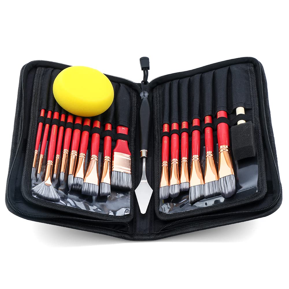 Transon 20Pcs Art Paint Brush Kit with Storage Case, 16 Brushes + Foam Brush Spatula Sponge for Acrylic Oil Watercolor Gouache, Adults Teens Beginners Art Supplies