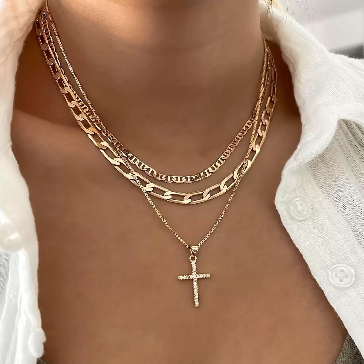 JELLYSEE Gold Necklaces for Women - 14K Gold Plated Layering Necklaces Trendy Circle Paperclip Chain Pendant Choker Necklace, Simple Diamond Cross Bow Jewelry Set Gifts for Women