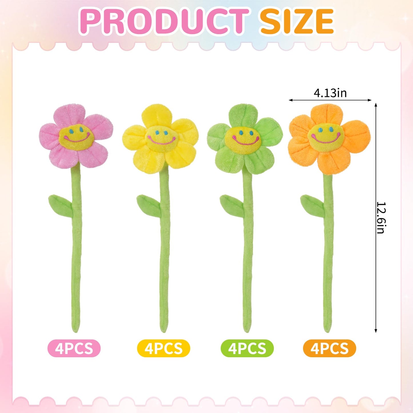 16 Pack Pastel Plush Flowers, Bendable Stems for Easy Curtain Tiebacks & DIY Bouquets, 12 Inch Stuffed Smiley Sunflowers, Soft Kawaii Artificial Room Decor for Teen Girls & Nursery Vibe