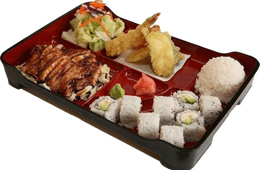 JapanBargain Traditional Japanese Bento Box 6-Compartment Lacquered Lunch Plate, Plastic Obento Tray for Restaurant or Home Use, 14"x9.25", Red and Black, Made in Japan