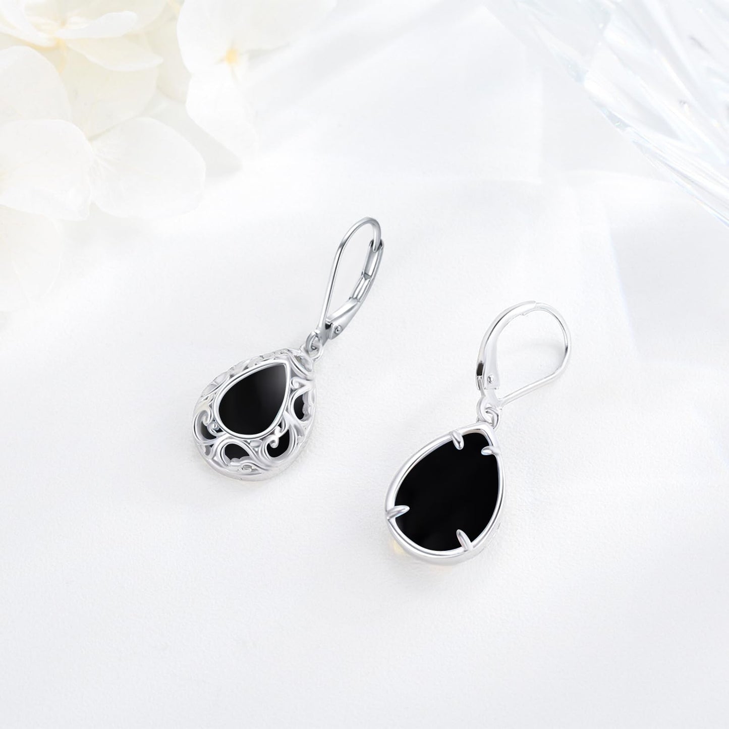 KoyeKei Filigree Black Onyx Leverback Earrings for Women 925 Sterling Silver Black Onyx Teardrop Dangle Drop Earrings Jewelry Filigree Anniversary Graduation Gifts for Sister Daugther Her