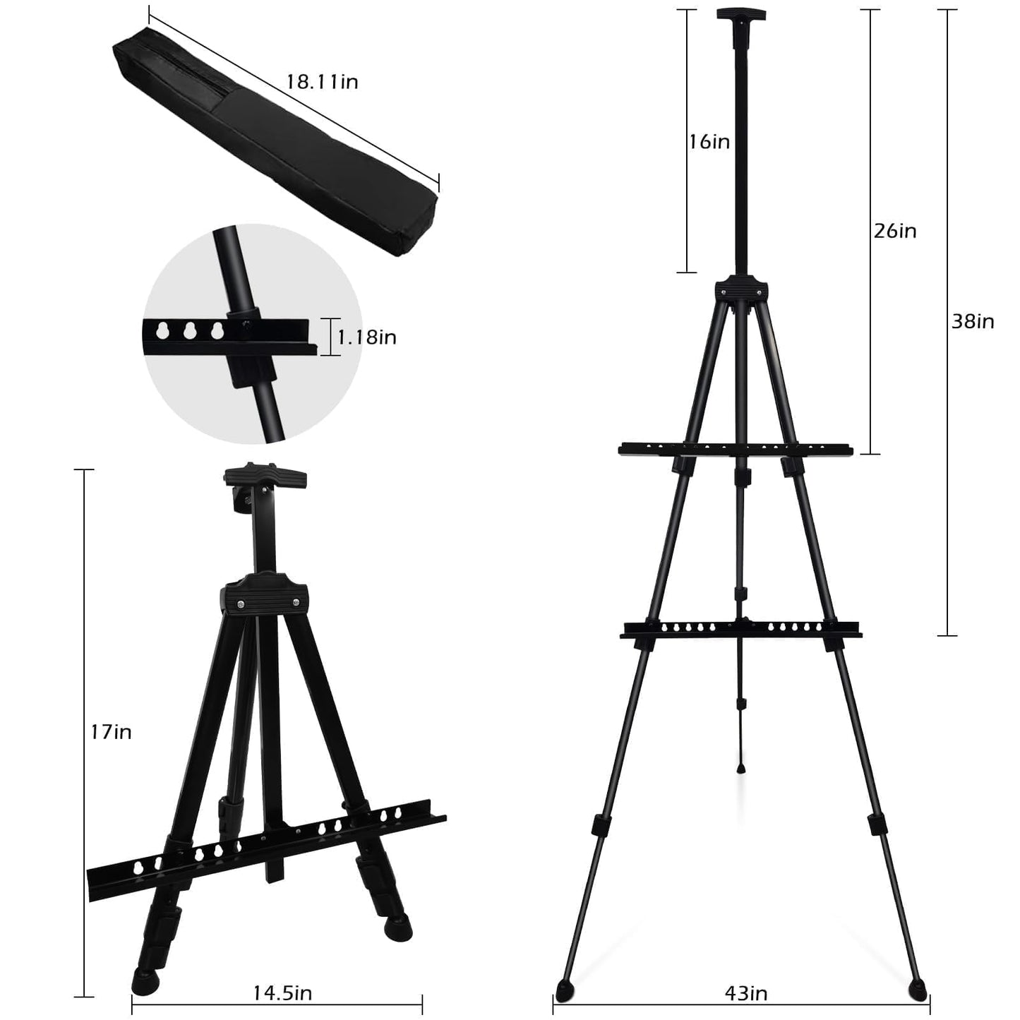 Art Painting Display Artist Easel Stand,Ns Jymb Portable Metal Adjustable Easels for Painting Canvases Height from 17 to 66 Inch - Carry Bag for Table-Top/Floor Displaying and Wedding Signs - Black