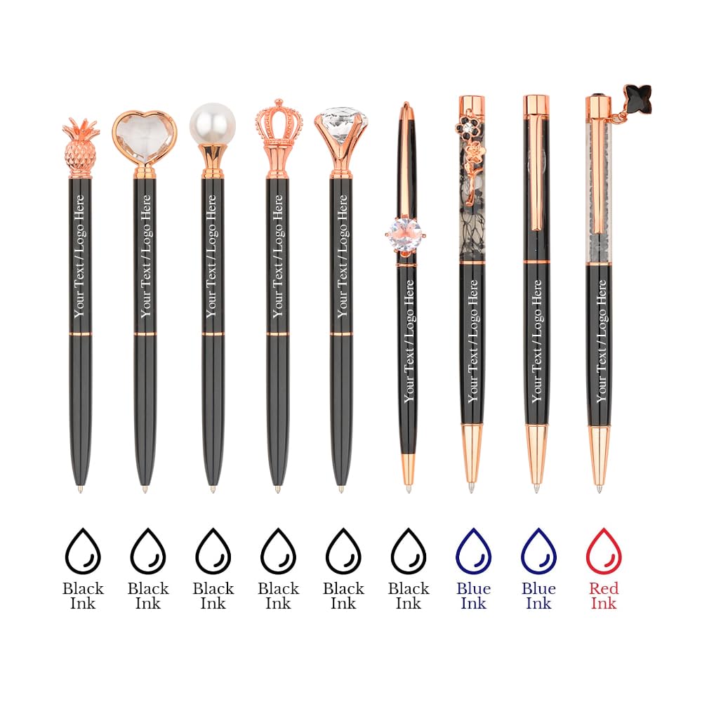 Opzyvik 9 Pcs Fancy Pens for Women Crystal Diamond Pen for Journaling Pretty Glitter Ballpoint Inspirational Gifts for Women Girls College Students Cute Back to School Gift (Black)
