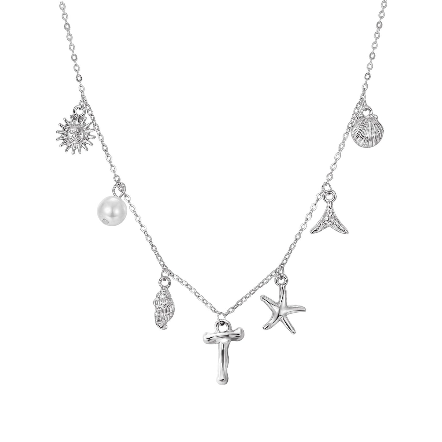 JALZEMPL Initial Charm Necklace For Women Seashell Shell Letter Boho Summer Beach Starfish 14k Gold Plated Silver Pendant Surfer Jewelry Gifts (T,Silver)